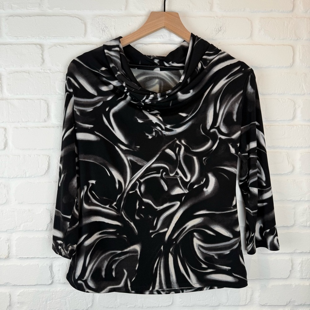 Adrienne Vittadini Petite Black White Swirl Cowl Neck Top abstract PM